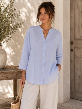 Zara Light Blue Fine Pinstripe Linen Blend Shirt - TRF Collection